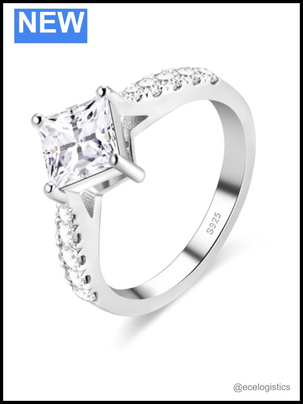 Moissanite Engagement Ring Princess Cut Solitaire 925 Sterling Silver 18k White